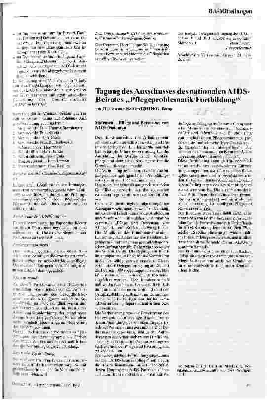 Vorschauseite 1: Tagung des Ausschusses des nationalen AIDS-Beirates Pflegeproblematik/Fortbildung am 21.02.89 in Bonn