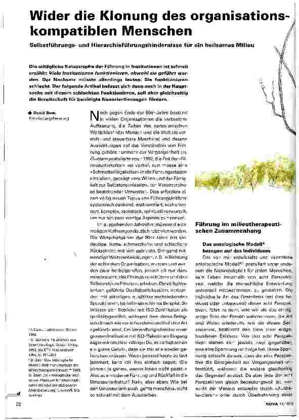 Vorschauseite 1: Wider die Klonung des organisationskompatiblen Menschen Selbstführungsund Hierachchieführungshindernisse für ein heilsames Milieu