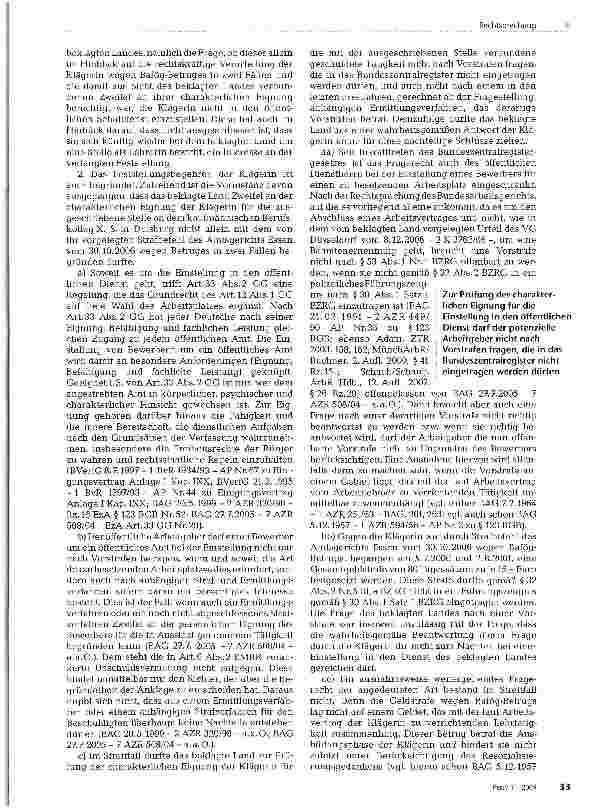 Vorschauseite 3: Arbeitsrechtliche Konkurrentenklage, Umfang des Fragerechts des öffentlich-rechtlichen Arbeitgebersgegenüber einem Stellenbewerber