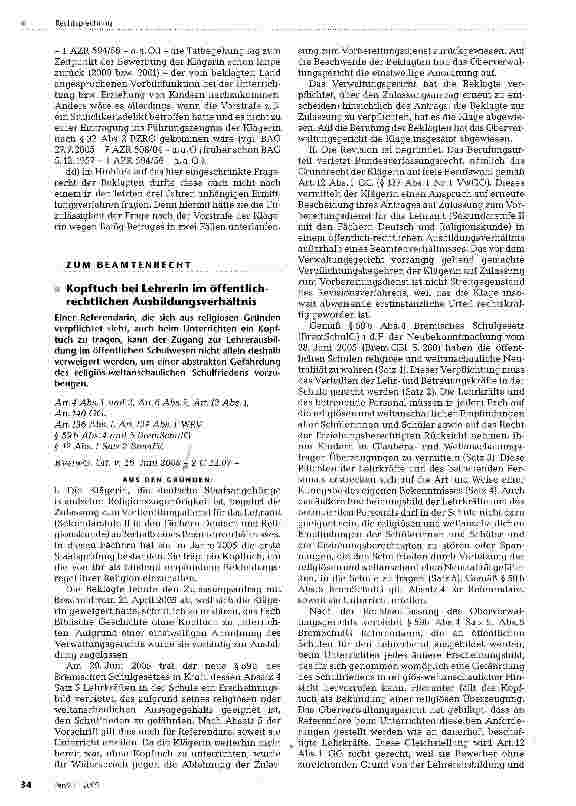 Vorschauseite 4: Arbeitsrechtliche Konkurrentenklage, Umfang des Fragerechts des öffentlich-rechtlichen Arbeitgebersgegenüber einem Stellenbewerber