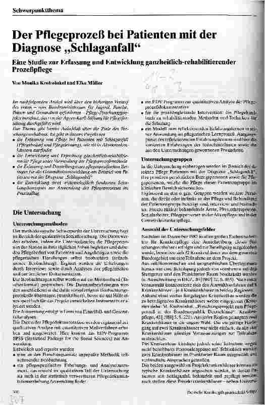 Vorschauseite 1: Der Pflegeprozeß bei Patienten mit der Diagnose Schlaganfall Studie zur Erfassung und Entwicklung von Pflegeprozessen