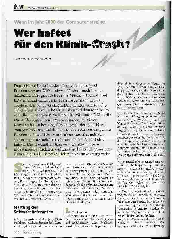 Vorschauseite 1: Wenn im Jahr 2000 der Computer streikt: Wer haftet für den Klinik Crash?