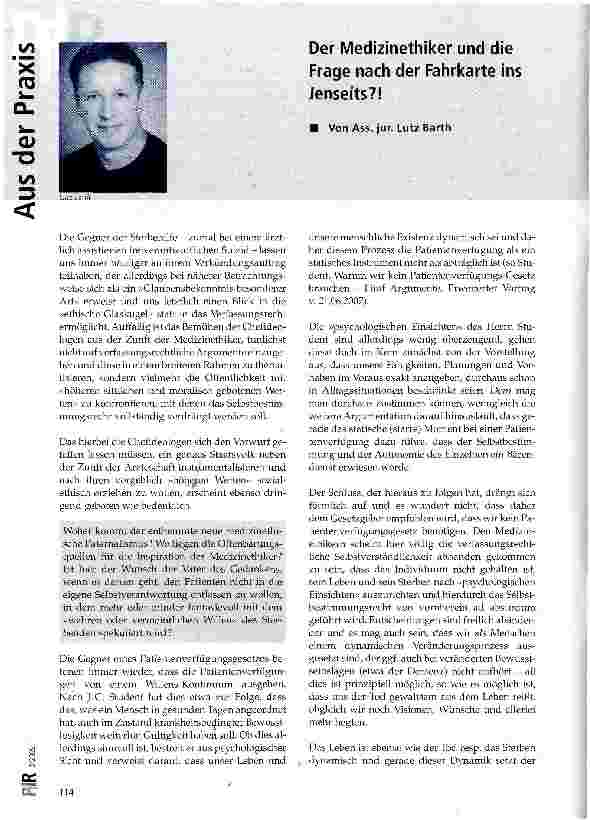 Vorschauseite 1: Der Medizinethiker und die Frage nach der Fahrkarte ins Jenseits? !