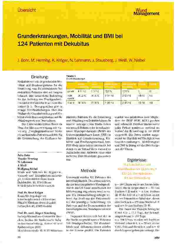 Vorschauseite 1: Grunderkrankungen, Mobilität und BMI bei 124 Patienten mit Dekubitus
