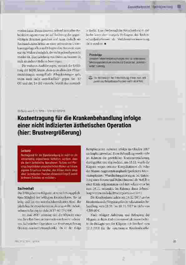 Vorschauseite 1: Kostentragung für die Krankenbehandlung infolge einer nicht indizierten ästhetischen Operation (hier: Brustvergrößerung)