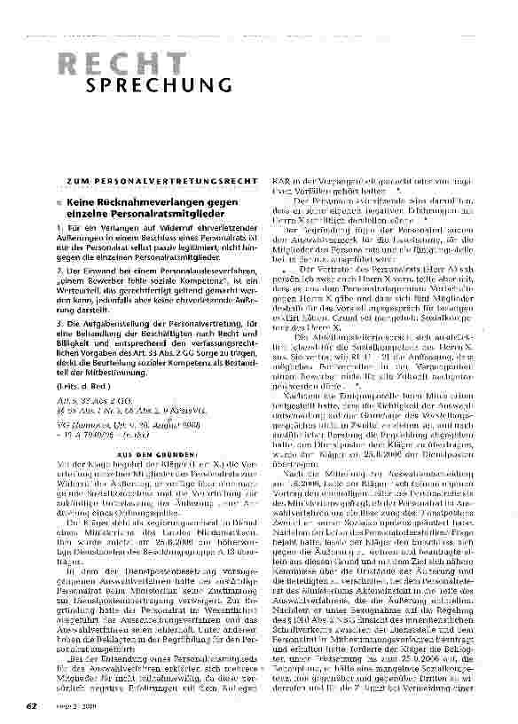 Vorschauseite 1: Keine Rücknahmeverlangen gegen einzelne Personalratsmitglieder