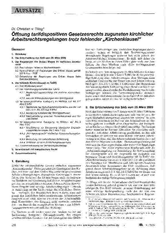Vorschauseite 1: Öffnung tarifdispositiven Gesetzesrechts zugunsten kirchlicher Arbeitsrechtsregelungen trotz fehlender „Kirchenklausel