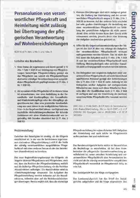 Vorschauseite 1: Personalunion von verantwortlicher Pflegekraft und Heimleitung nicht zulässig bei Übertragung der pflegerischen Verantwortung auf Wohnbereichsleitungen