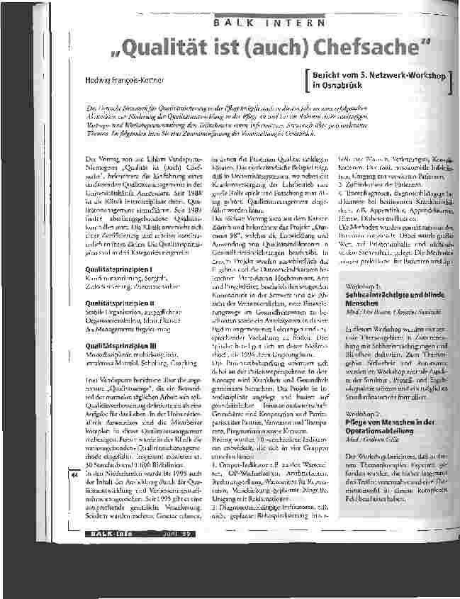 Vorschauseite 1: Qualität ist (auch) Chefsache Bericht vom 5. Netzwerk-Workshop in Osnabrück