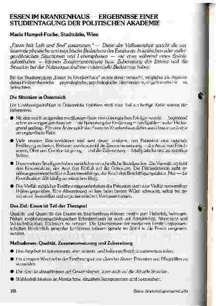 Vorschauseite 1: Essen im Krankenhaus- Ergebnisse einer Studientagung der Politischen Akademie