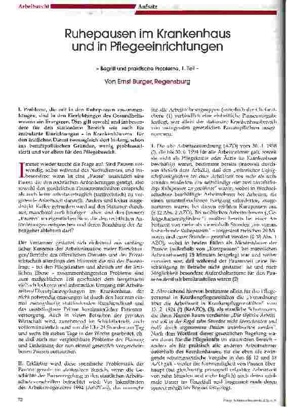Vorschauseite 1: Ruhepausen im Krankenhaus und in Pflegeeinrichtungen Begriff und praktische Probleme, Teil 1