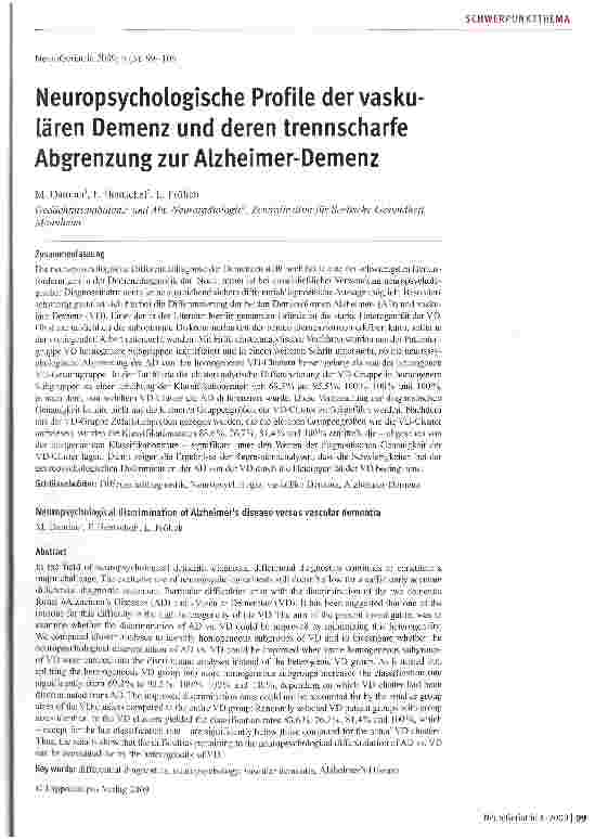 Vorschauseite 1: Neuropsychologische Profile dervasku-lären Demenz und deren trennscharfe Abgrenzung zur Alzheimer-Demenz