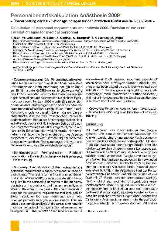 Vorschauseite 1: Personalbedarfskalkulation Anästhesie 2009