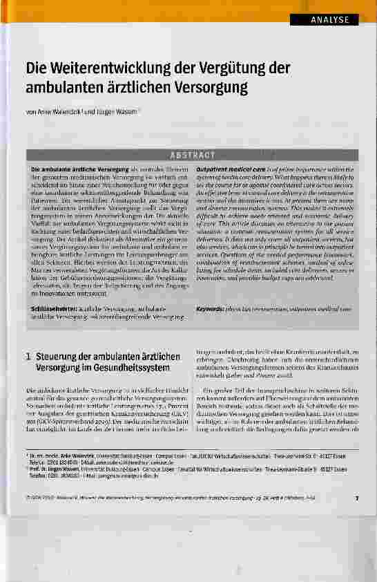 Vorschauseite 1: Die Weiterentwicklung der Vergütung der ambulanten ärztlichen Versorgung