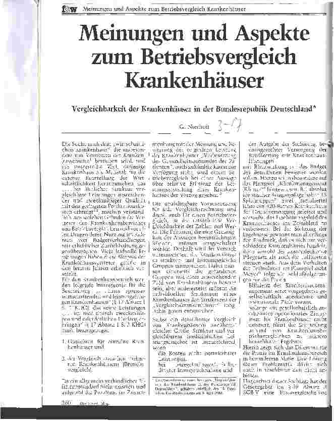 Vorschauseite 1: Meinungen und Aspekte zum Betriebsvergleich Krankenhäuser Vergleichbarkeit der Krankenhäuser in der BRD
