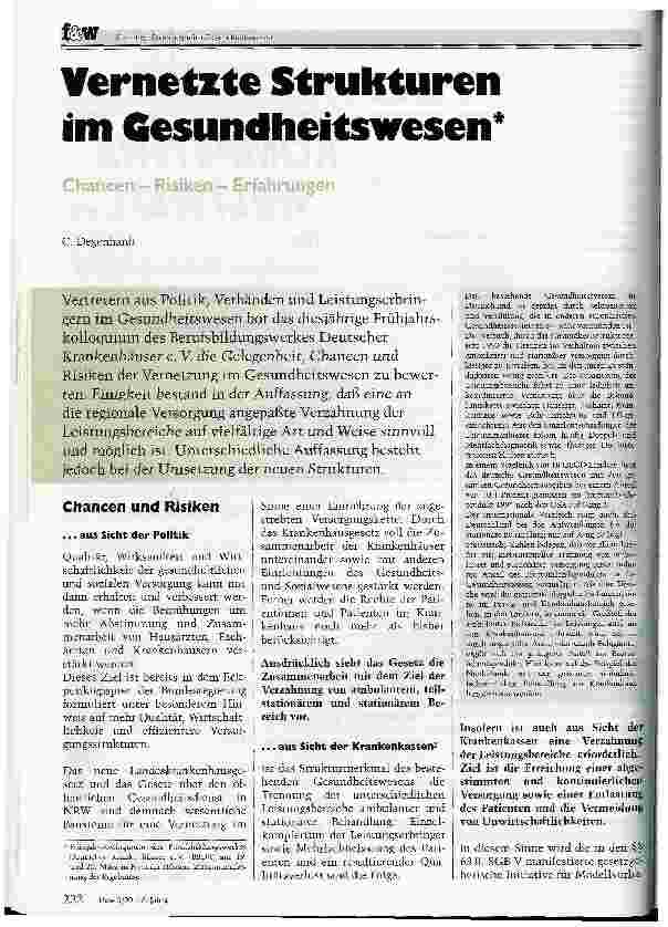 Vorschauseite 1: Vernetzte Strukturen im Gesundheitswesen Chancen, Risiken, Erfahrungen