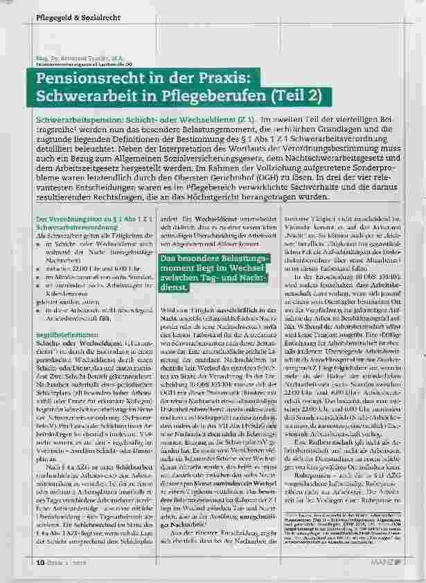 Vorschauseite 1: Pensionsrecht in der Praxis: Schwerarbeit in Pflegeberufen (Teil 2)