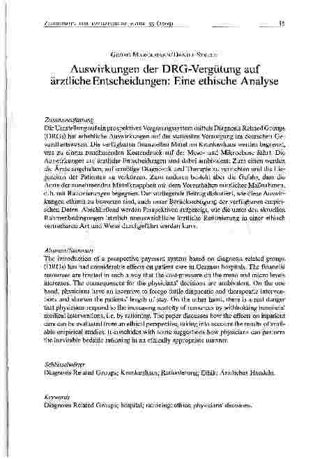 Vorschauseite 1: Auswirkungen der DRG-Vergütung auf ärztliche Entscheidungen: Eine ethische Analyse