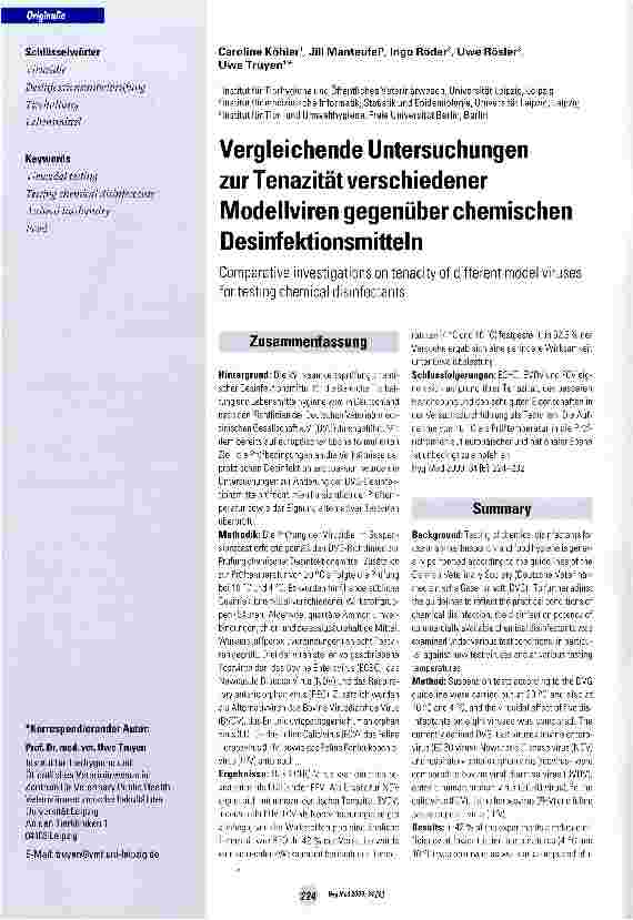 Vorschauseite 1: Vergleichende Untersuchungen zur Tenazität verschiedener Modellviren gegenüber chemischen Desinfektionsmitteln