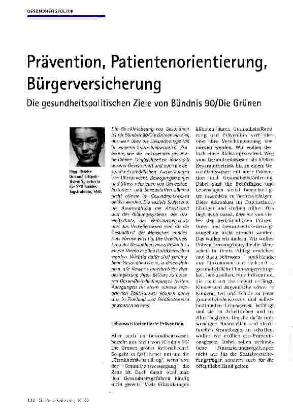 Vorschauseite 1: Prävention, Patientenorientierung, BürgerversicherungDie gesundheitspolitischen Ziele von Bündnis 90/Die Grünen
