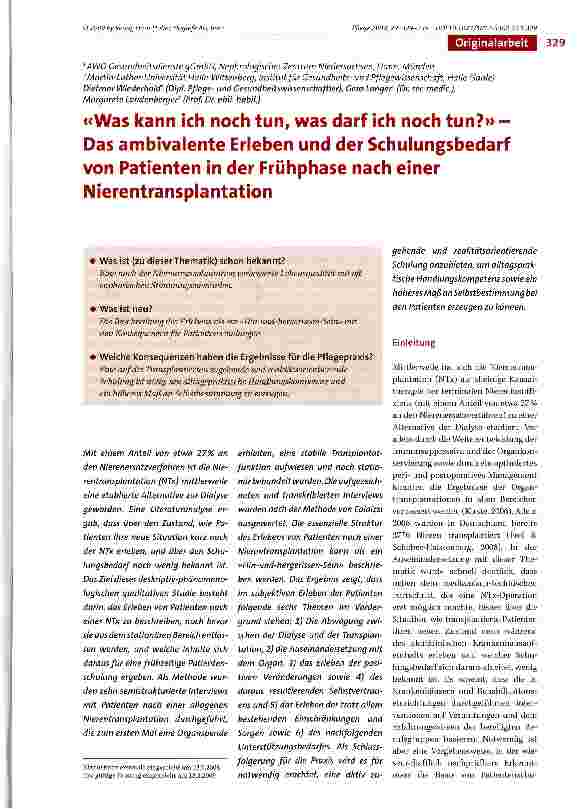 Vorschauseite 1: «Was kann ich noch tun, was darf ich noch tun?» -Das ambivalente Erleben und der Schulungsbedarf von Patienten in der Frühphase nach einer Nierentransplantation