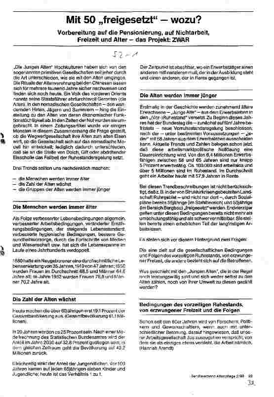 Vorschauseite 1: Mit 50 freigesetzt - wozu? Vorbereitung auf die Pensionierung - Projekt: ZWAR