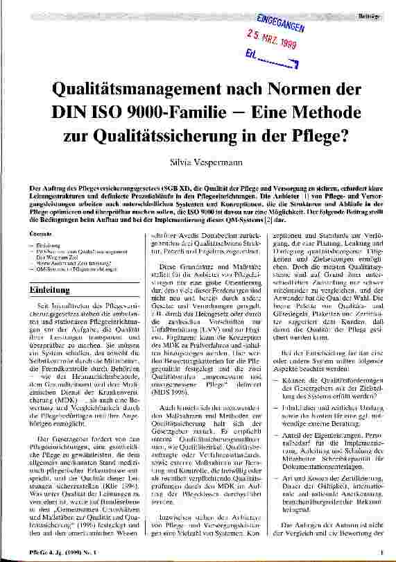 Vorschauseite 1: Qualitätsmanagement nach Normen der DIN ISO 9000-Familie - Eine Methode zur Qualitätssicherung in der Pflege?