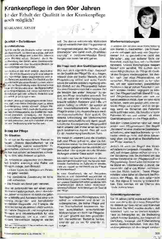 Vorschauseite 1: Krankenpflege in den 90er Jahren Ist der Erhalt der Qualität in der Krankenpflege noch möglich?