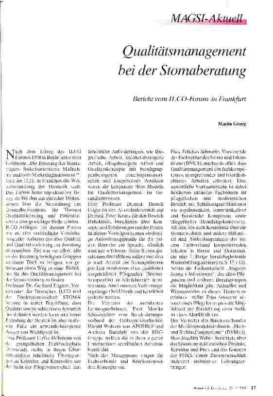 Vorschauseite 1: Qualitätsmanagement bei der Stomaberatung Bericht vom ILCO-Forum in Frankfurt