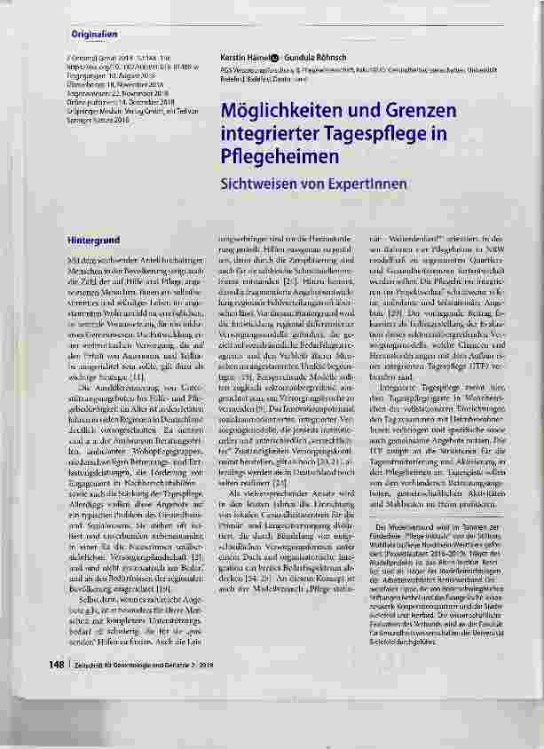 Vorschauseite 1: Möglichkeiten und Grenzen integrierter Tagespflege in Pflegeheimen