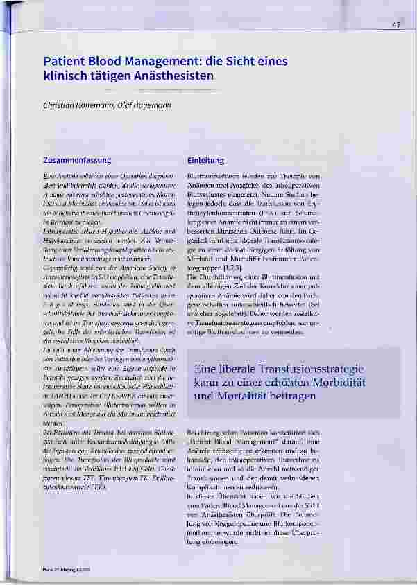 Vorschauseite 1: Patient Blood Management: die Sicht eines klinisch tätigen Anästhesisten