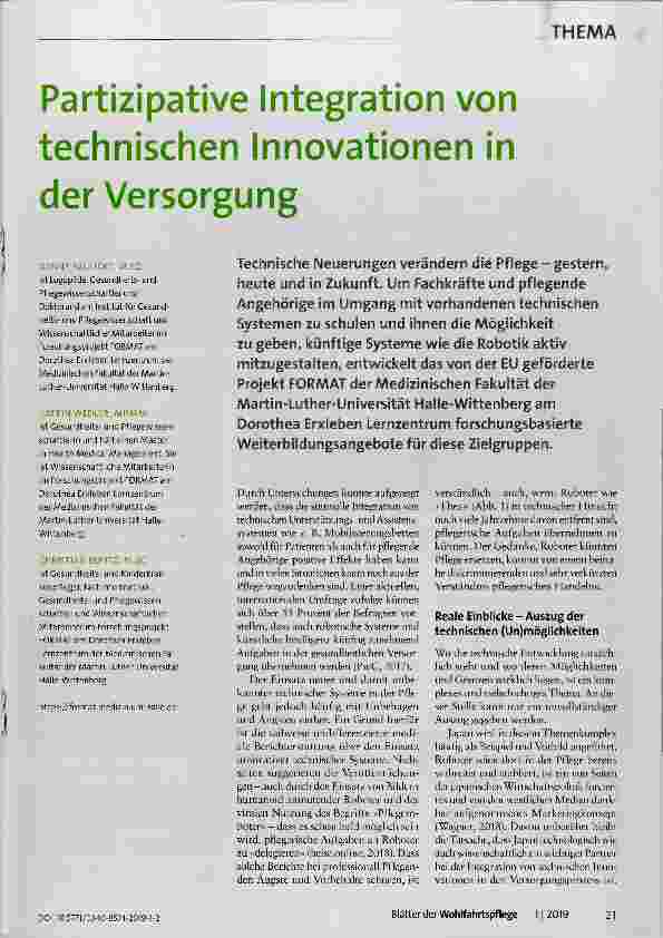 Vorschauseite 1: Partizipative Integration von technischen Innovationen in der Versorgung