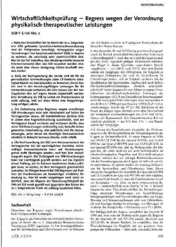 Vorschauseite 1: Wirtschaftlichkeitsprüfung - Regress wegen der Verordnung physikalisch-therapeutischer Leistungen