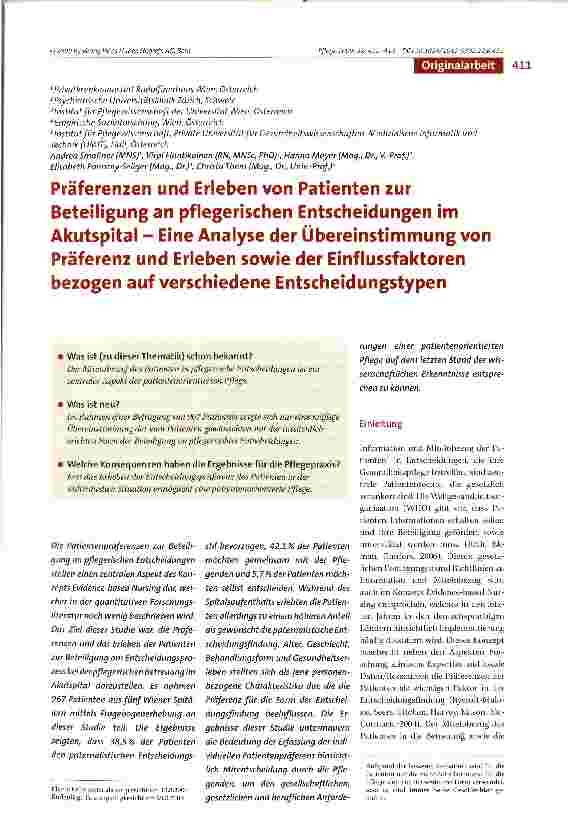 Vorschauseite 1: Präferenzen und Erleben von Patienten zur Beteiligung an pflegerischen Entscheidungen im Akutspital - Eine Analyse der Übereinstimmung von Präferenz und Erleben sowie der Einfluss…