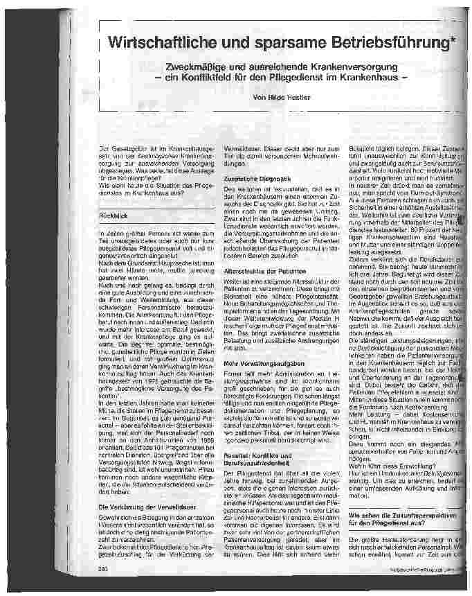 Vorschauseite 1: Wirtschaftliche und sparsame Betriebsführung Zweckmäßige und ausreichende Krankenversorgung - ein Konfliktfeld für den Pflegedienst