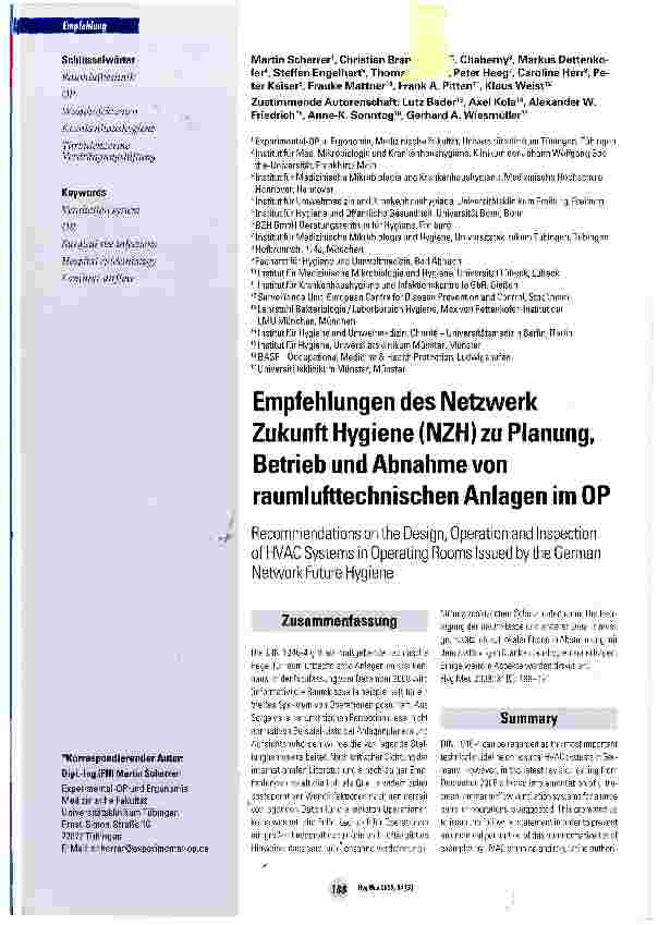 Vorschauseite 1: Empfehlungen des Netzwerk Zukunft Hygiene (NZH) zu Planung, Betrieb und Abnahme von raumlufttechnischen Anlagen im OP