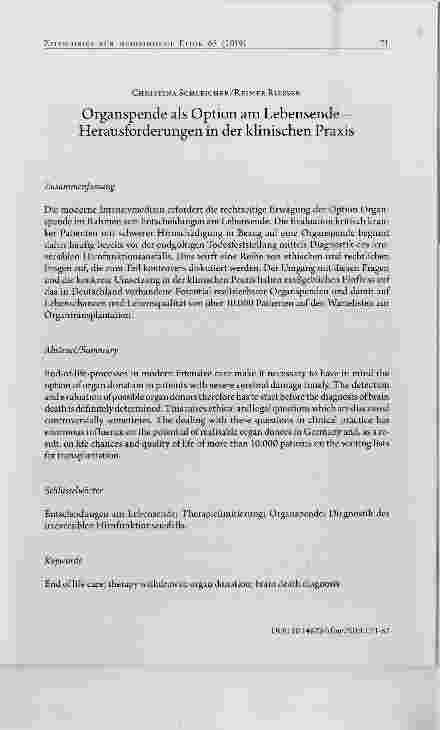 Vorschauseite 1: Organspende als Option am Lebensende Herausforderungen in der klinischen Praxis