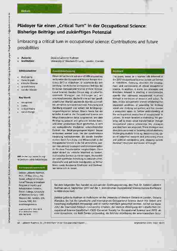 Vorschauseite 1: Plädoyer für einen „Critical Turn in der Occupational Science: Bisherige Beiträge und zukünftiges Potenzial