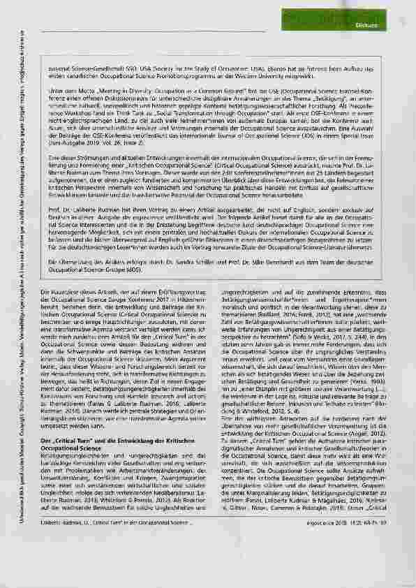 Vorschauseite 2: Plädoyer für einen „Critical Turn in der Occupational Science: Bisherige Beiträge und zukünftiges Potenzial