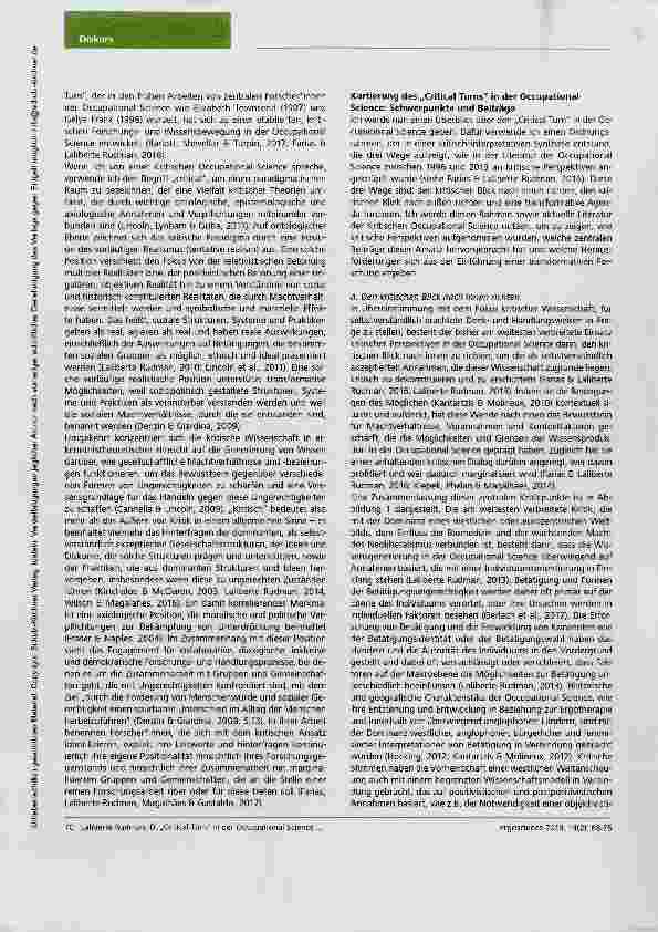 Vorschauseite 3: Plädoyer für einen „Critical Turn in der Occupational Science: Bisherige Beiträge und zukünftiges Potenzial