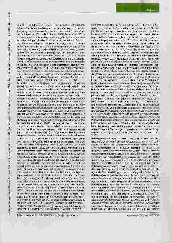 Vorschauseite 6: Plädoyer für einen „Critical Turn in der Occupational Science: Bisherige Beiträge und zukünftiges Potenzial
