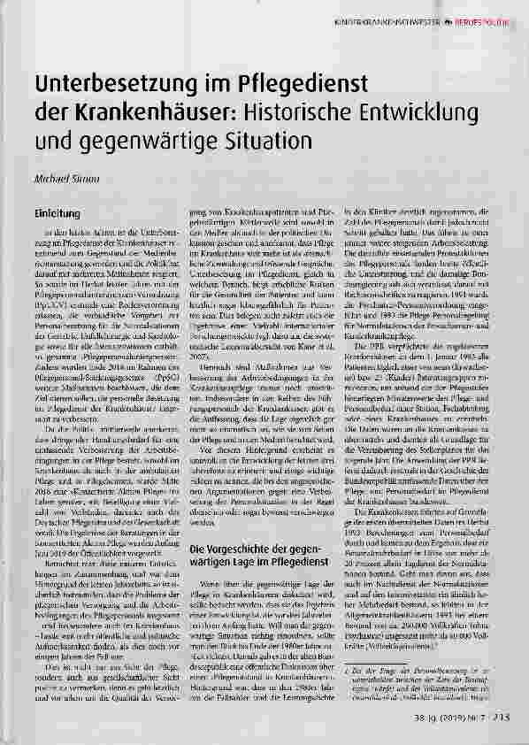 Vorschauseite 1: Unterbesetzung im Pflegedienst der Krankenhäuser: Historische Entwicklung und gegenwärtige Situation