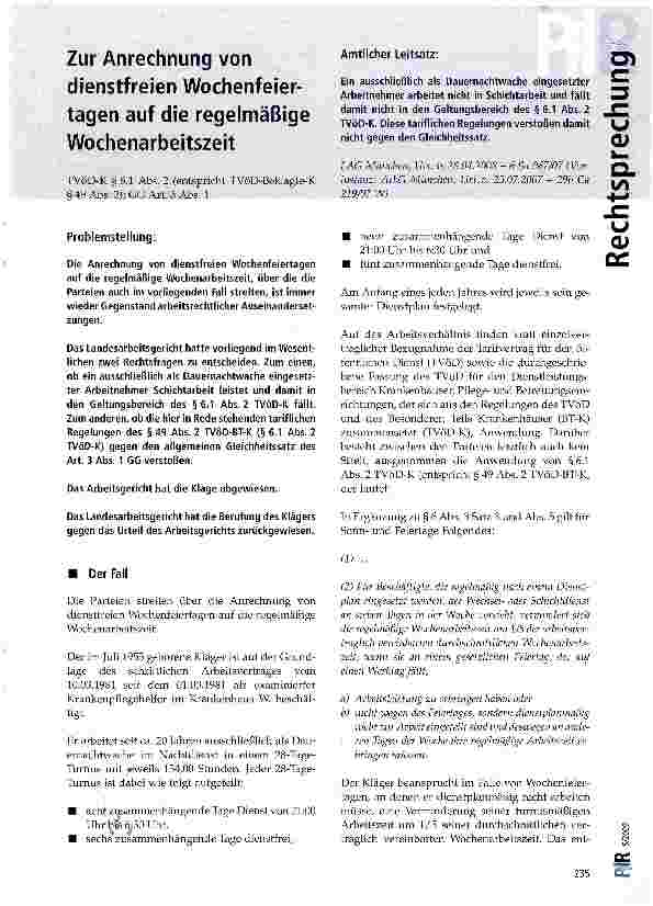 Vorschauseite 1: Zur Anrechnung von dienstfreien Wochenfeiertagen auf die regelmäßige Wochenarbeitszeit