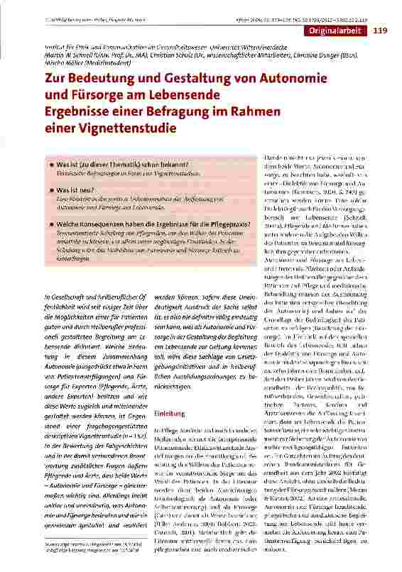 Vorschauseite 1: Zur Bedeutung und Gestaltung von Autonomie und Fürsorge am Lebensende Ergebnisse einer Befragung im Rahmen einer Vignettenstudie