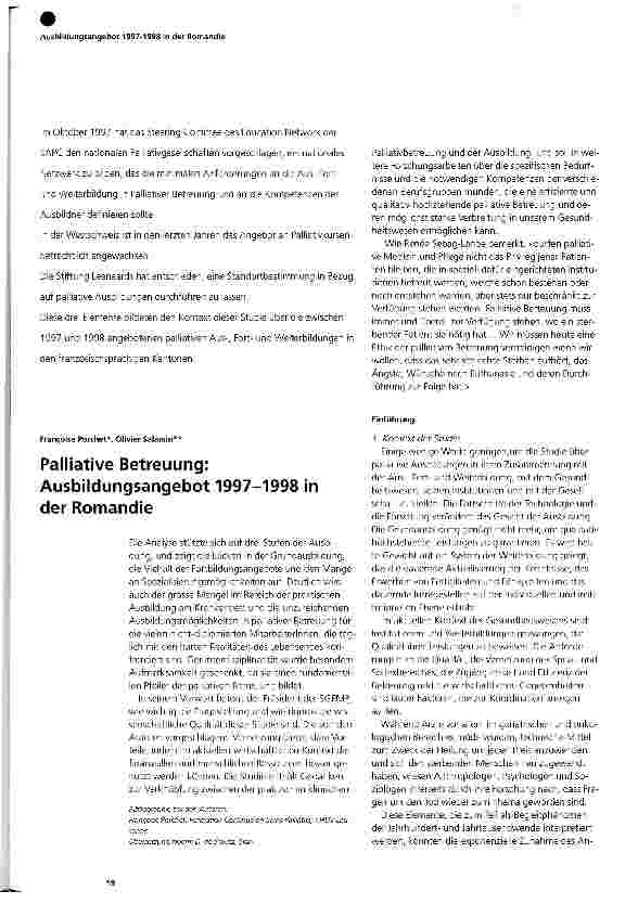 Vorschauseite 1: Palliative Betreuung: Ausbildungsangebot 1997-1998 in der Romandie