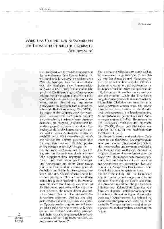 Vorschauseite 1: WIRD DAS COILING DER STANDARD BEI DER THERAPIE RUPTURIERTER ZEREBRALER ANEURYSMEN?