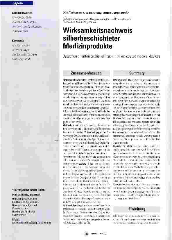 Vorschauseite 1: Wirksamkeitsnachweis silberbeschichteter Medizinprodukte