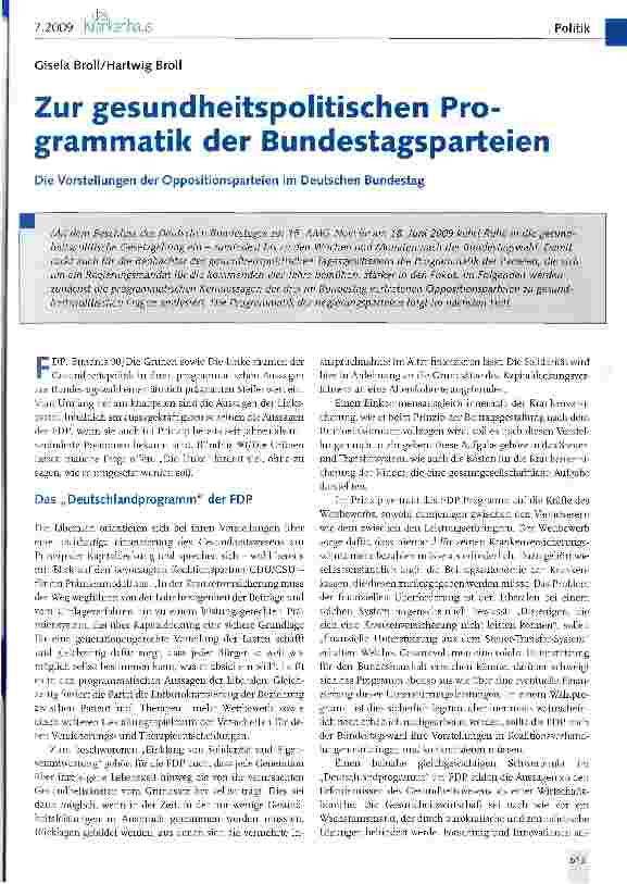 Vorschauseite 1: Zur gesundheitspolitischen Programmatik der Bundestagsparteien