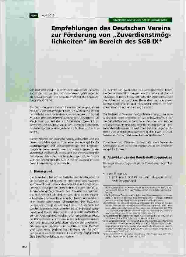 Vorschauseite 1: Empfehlungen des Deutschen Vereins zur Förderung von „Zuverdienstmöglichkeiten im Bereich des SGB IX
