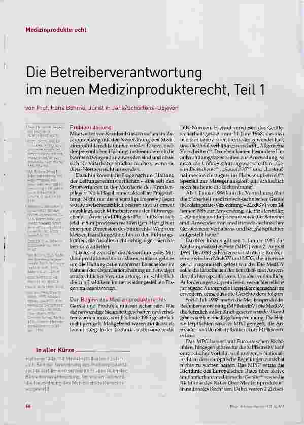 Vorschauseite 1: Die Betreiberverantwortung im neuen Medizinprodukterecht, Teil 1